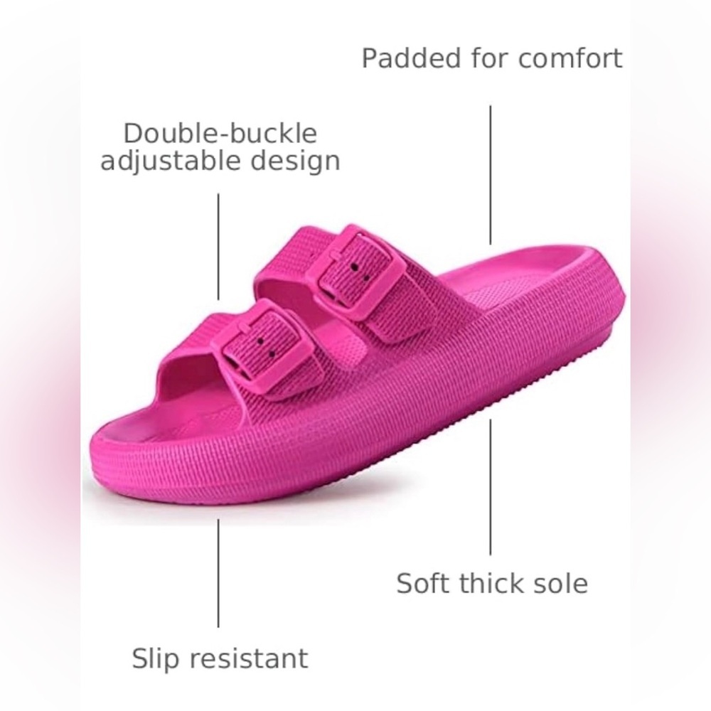 Hot Pink Double-Buckle Slide Sandals by Wewaya, cloud cushion waterproof slipper - Picture 2 of 16